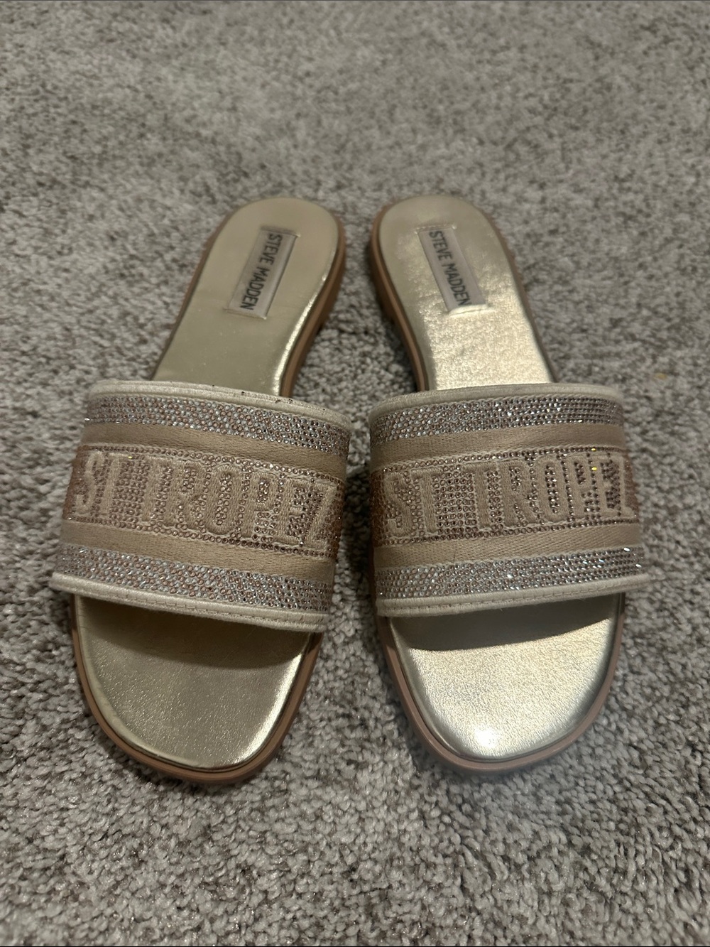Steve Madden St. Tropez Slide Sandals in Beige and Gold